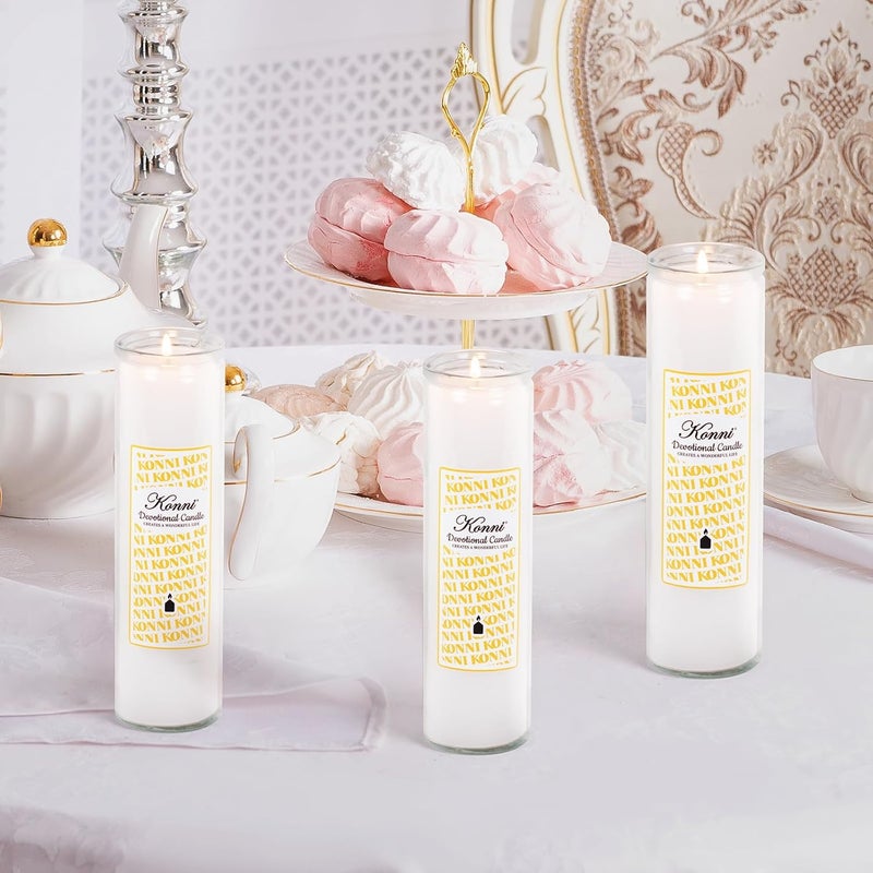 KONNI 2x8 Inch White Pillar Candles in Glass Set of 3, Devotional Prayer Candle, Unscented Religious Candles, 105 Hours Emergency Long Burning, Ideal for Memorials, Vigil, Blessing - Image 5
